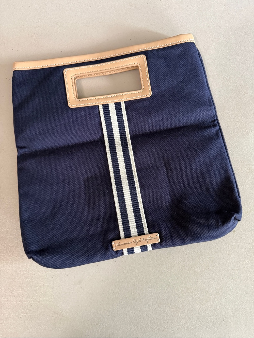 American Eagle Outfitters Navy Canvas Clutch with Tan Trim and White Stripe